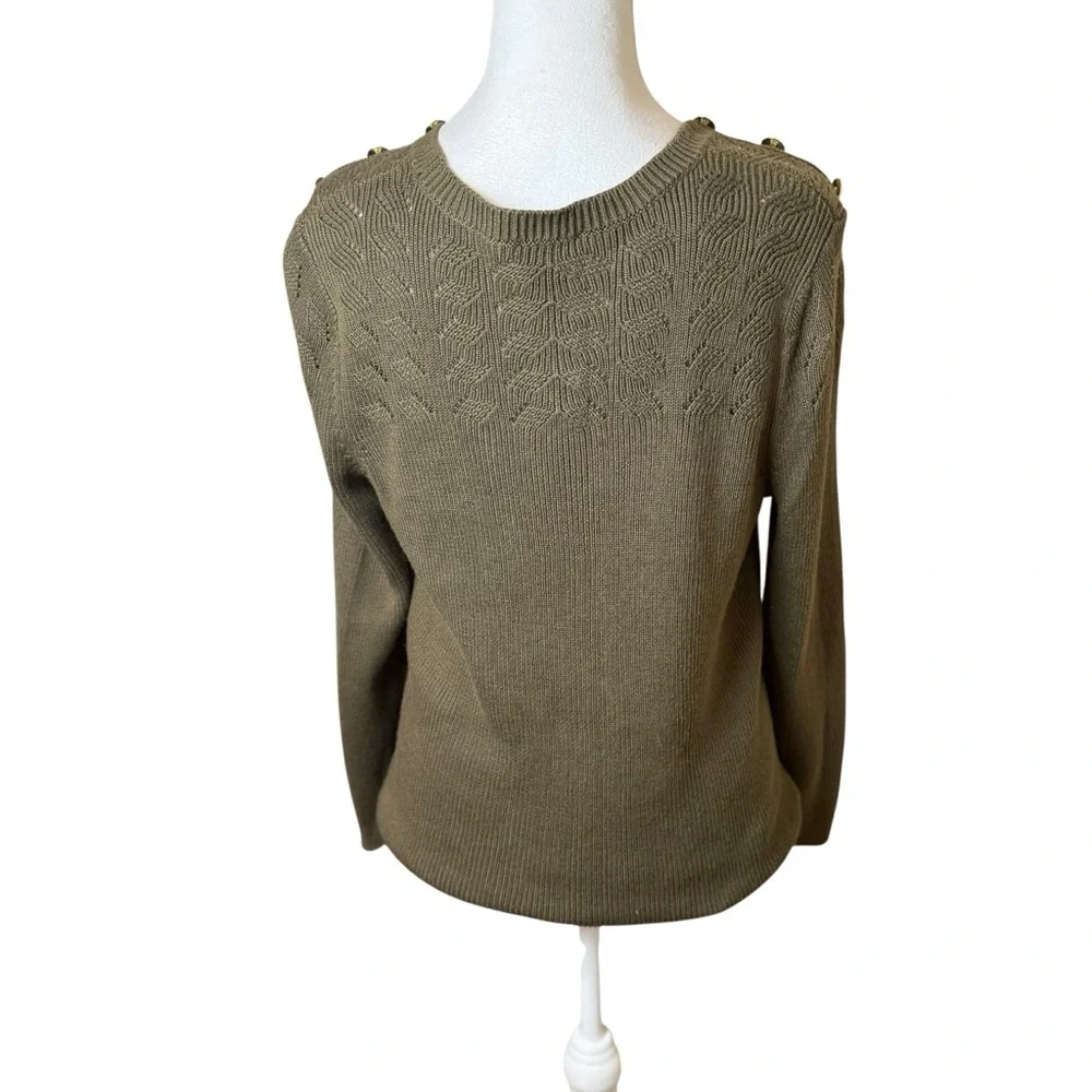 Talbots Petite XL Crewneck Sweater Pullover Olive Green Gold Buttons Fall Autumn
